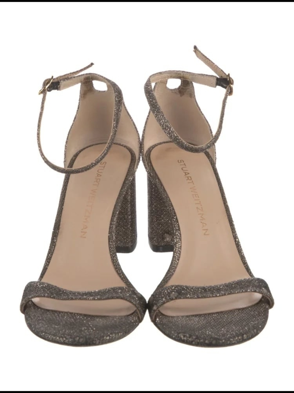 Stuart Weitzman Glitter Ankle-Strap Block Heel Sandals in Bronze